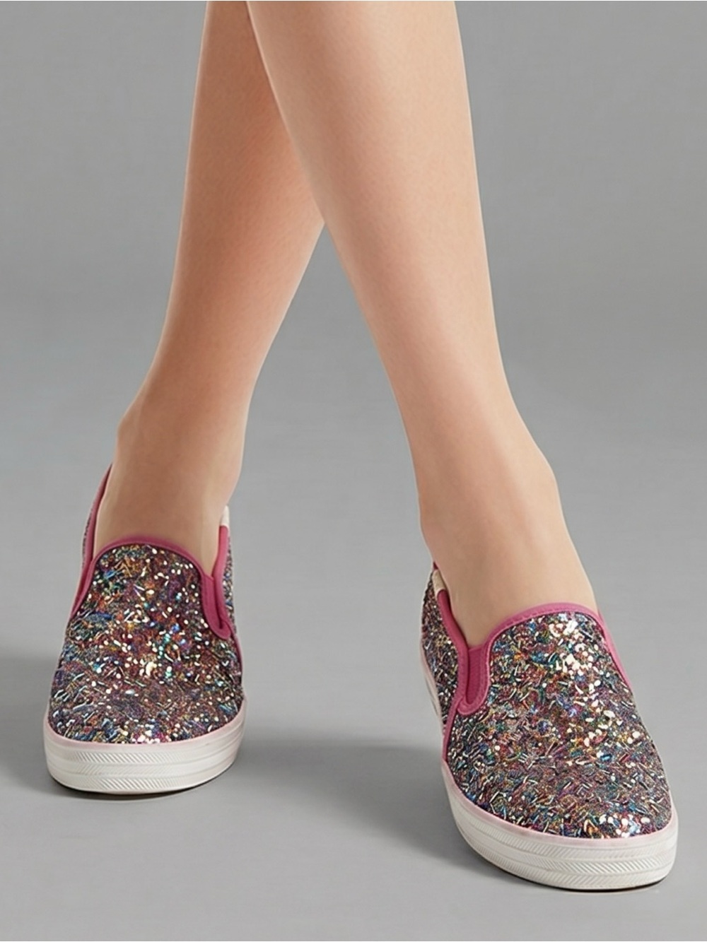 Glitter Slip-On Sneakers in Pink Trim